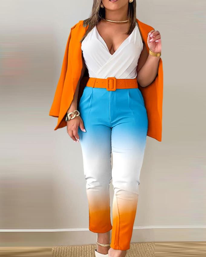 Women's tailoring set with animal print lapel, tailored belt blazer and high-waist slim pants Mune Fashion