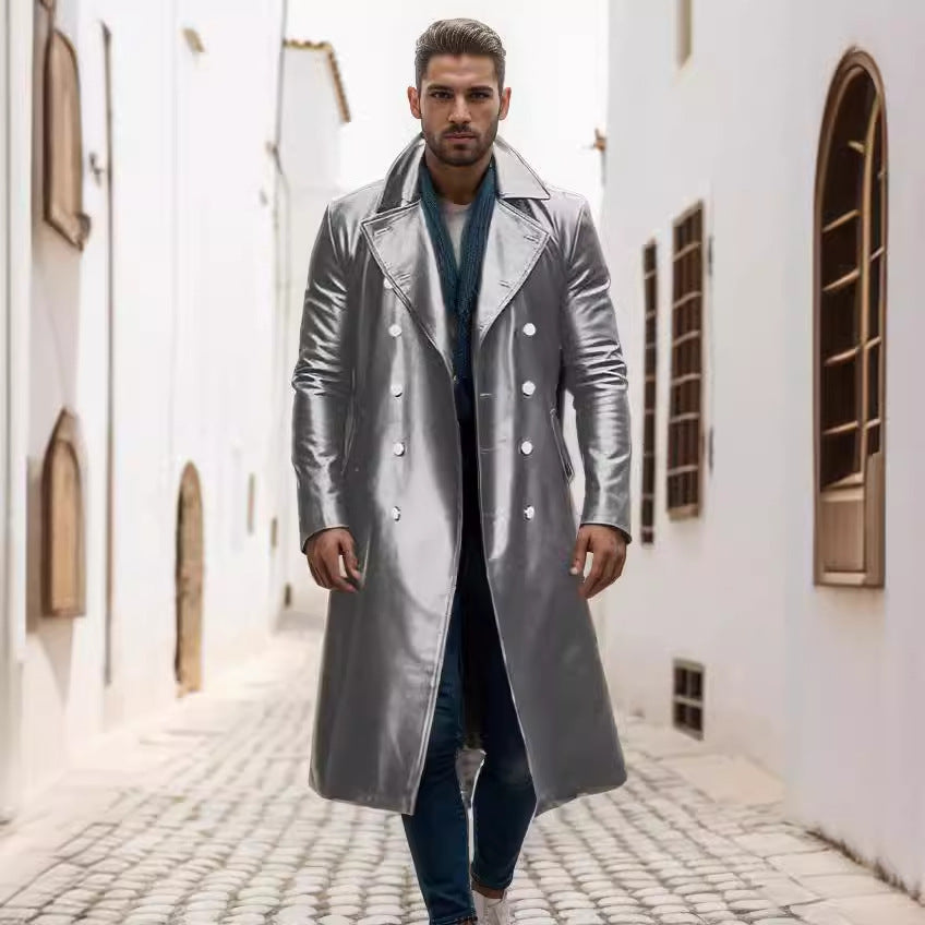 Men's Long Shiny Faux Leather Trench Coat with Double Breasted and Distinctive Lapel Mune Fashion