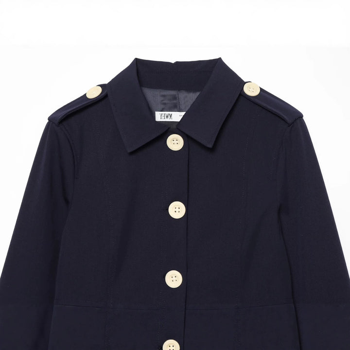 Women short cut utility jacket with shoulder flaps and large contrast buttons Drune