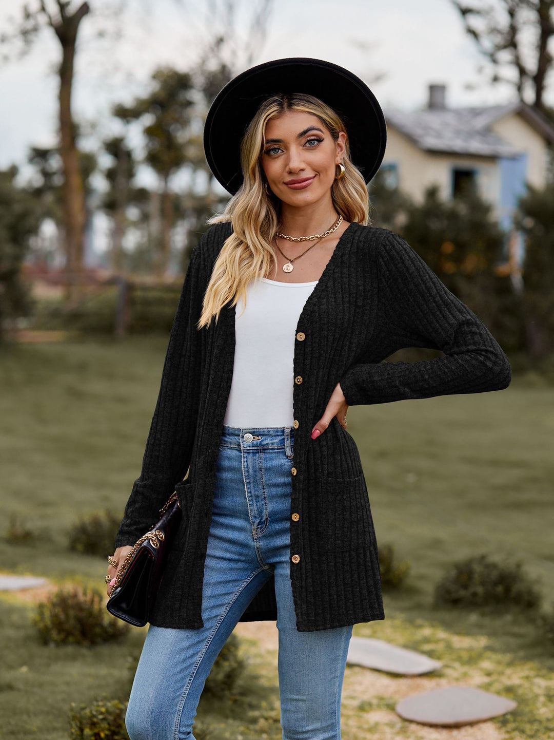 Women Long Cut Ribbed Knit Cardigan with Button Placket and Pocket Mune Fashion