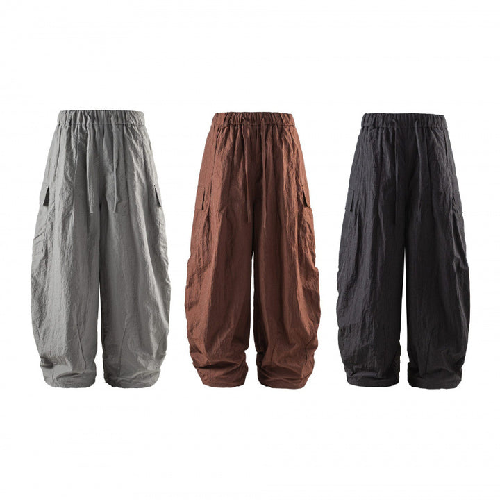 Unisex Wide Cropped Cargo Pants with Elastic Waistband, Drawstring and Overlay Pockets Mune Fashion