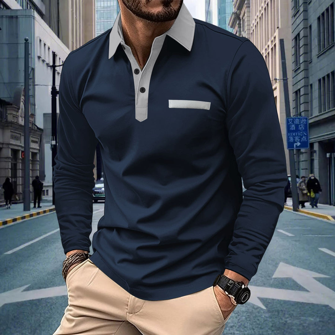 Men's long sleeve polo shirt with contrasting collar, concealed button placket, and decorative chest stripe Mune Fashion