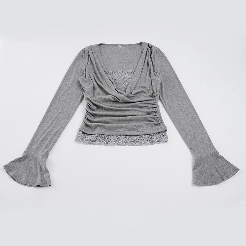 Women's wrap top with deep V-neck, gathering and lace trim Mune Fashion
