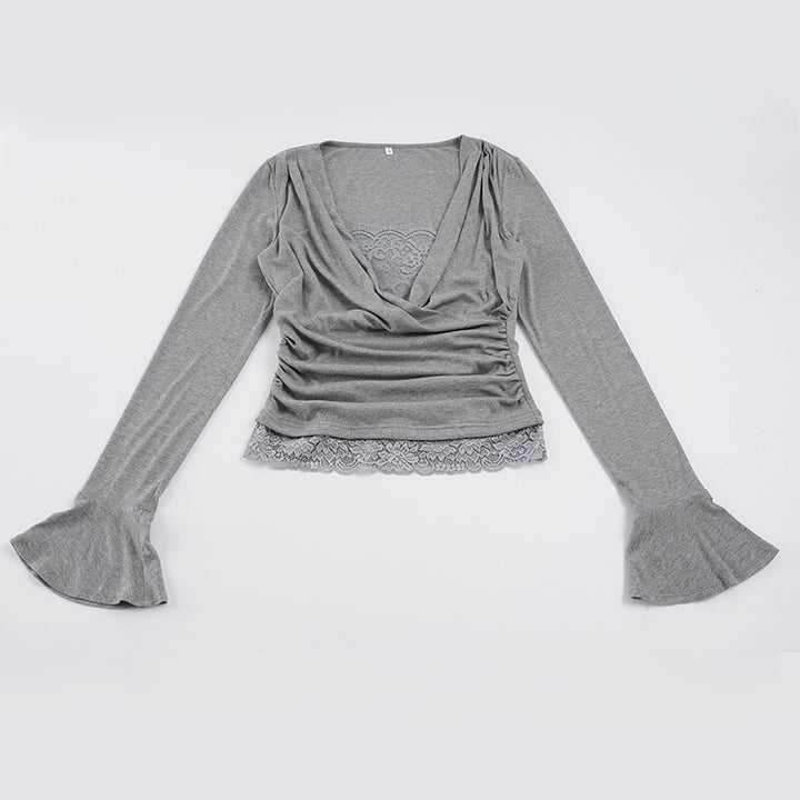Women's wrap top with deep V-neck, gathering and lace trim Mune Fashion