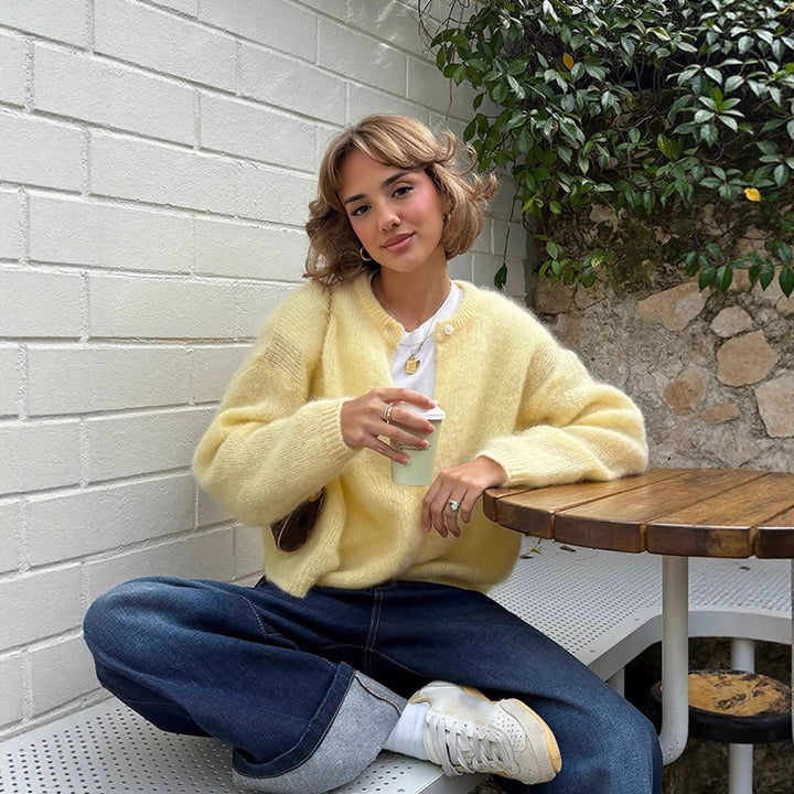 Women's Fluffy Short Jacket made of Mohair Mix with Round Neck and Boxy Silhouette Mune Fashion