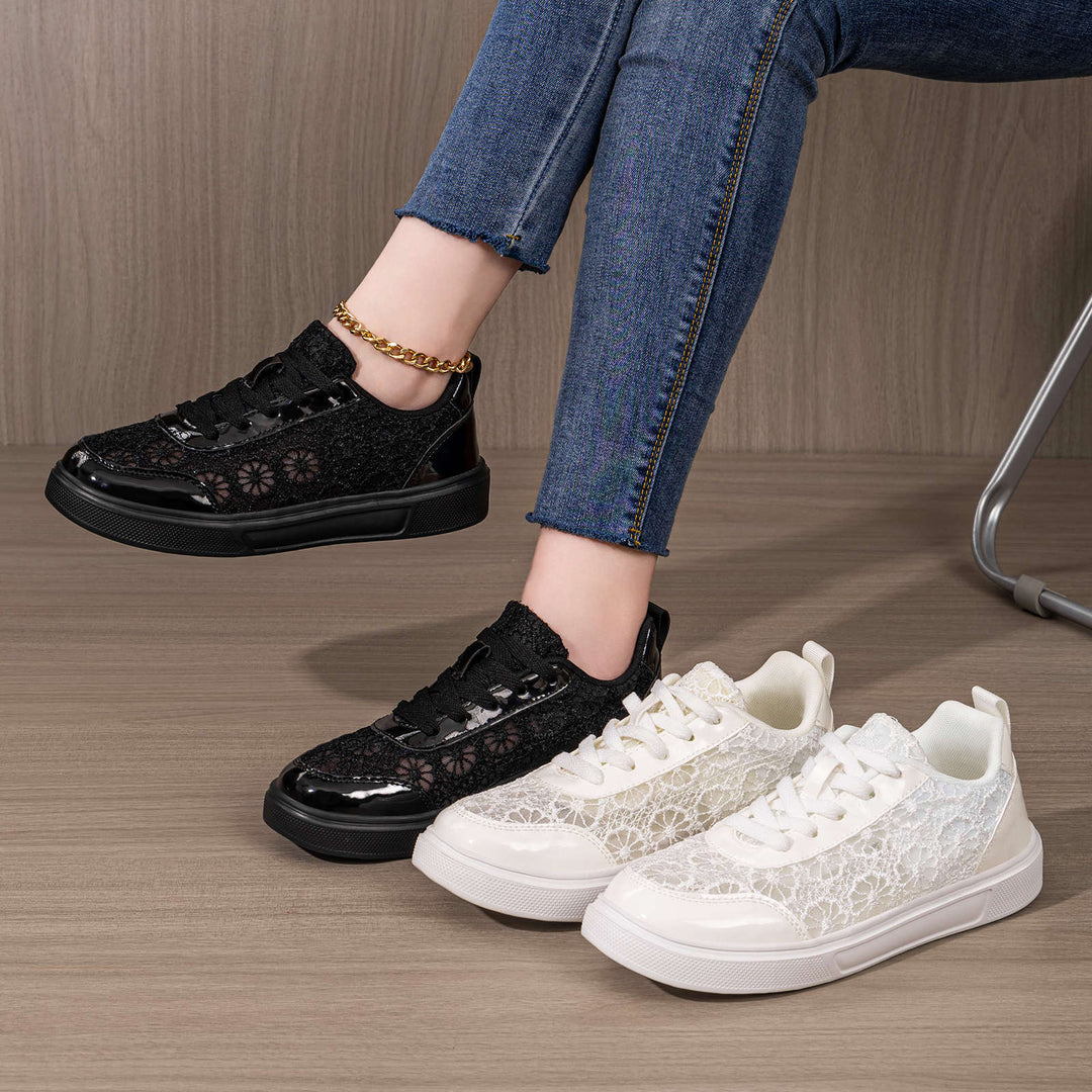 Women's elegant platform sneaker with lace overlay, patent overlays, and padded comfort insole Mune Fashion