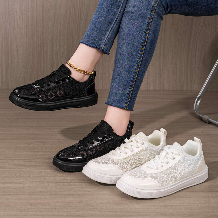 Women's elegant platform sneaker with lace overlay, patent overlays, and padded comfort insole Mune Fashion