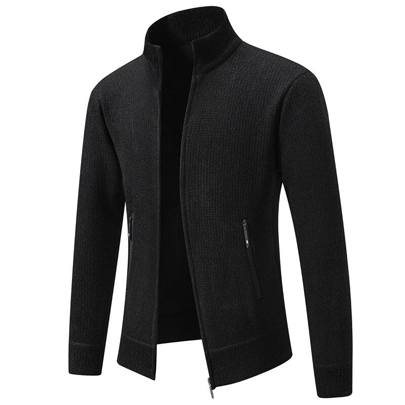 Men's Textured Zip Knit Cardigan with Stand Collar, Waffle Texture and Zipper Pockets Mune Fashion
