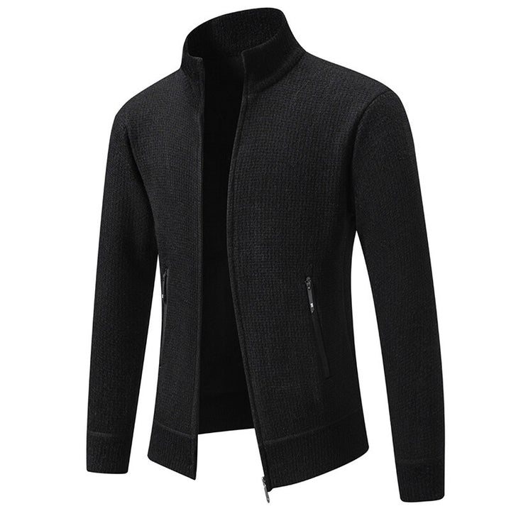 Men's Textured Zip Knit Cardigan with Stand Collar, Waffle Texture and Zipper Pockets Mune Fashion