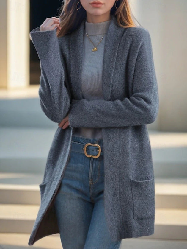 Women's Open Long Cardigan made of Soft Knit with Applied Pockets Drune