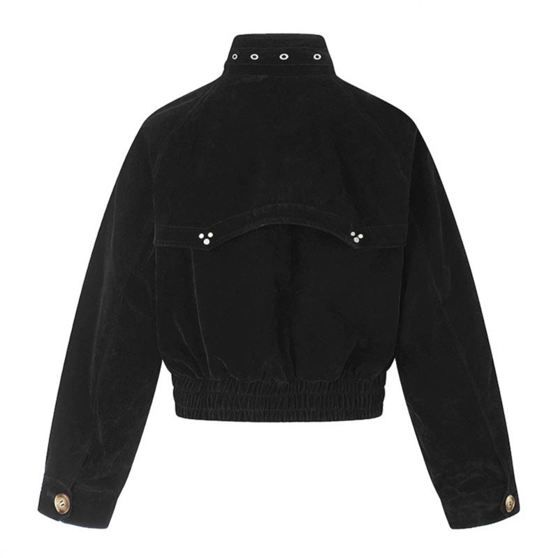 Women's short suede bomber jacket with high stand-up collar and metallic details Mune Fashion