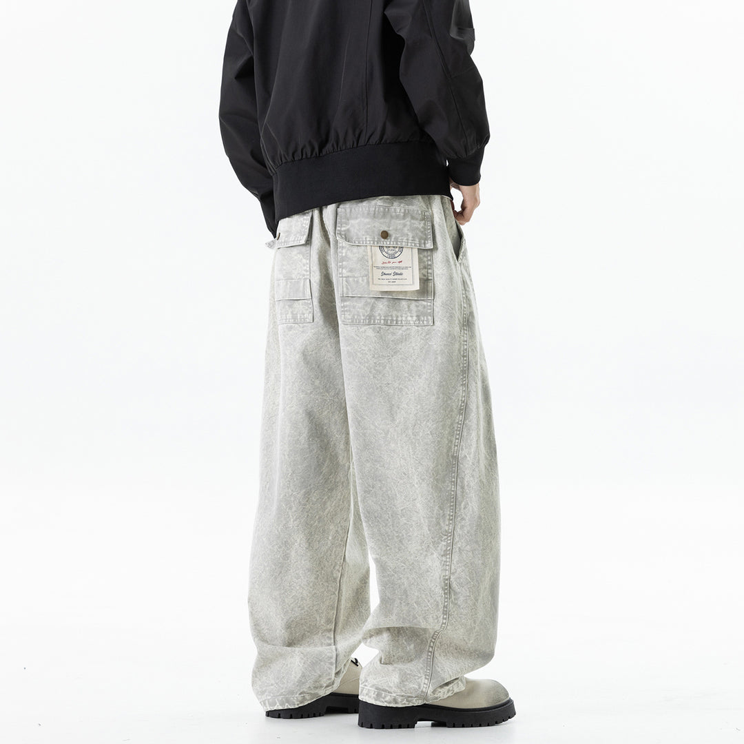Men's loose cotton cargo pants with elastic waistband, drawstring and utility details Drune
