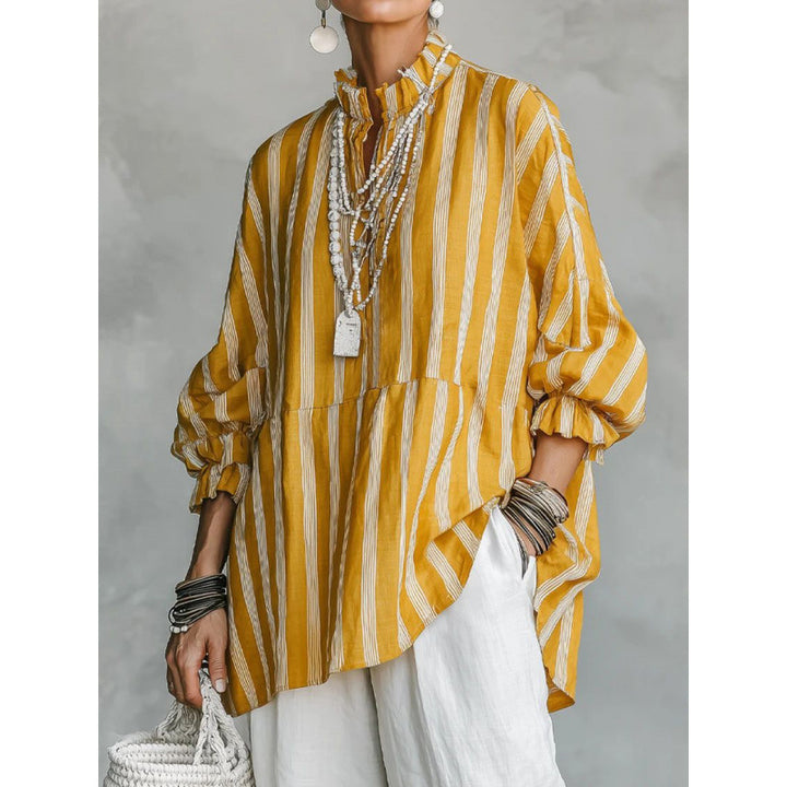 Women's Striped Oversize Tunic with Ruffle Collar and Balloon Sleeves Mune Fashion