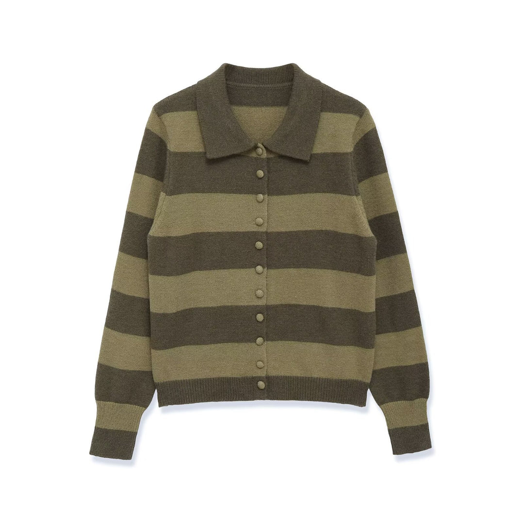 Women's Striped Knitted Cardigan with Shirt Collar and Button Placket Mune Fashion