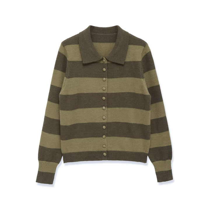 Women's Striped Knitted Cardigan with Shirt Collar and Button Placket Mune Fashion