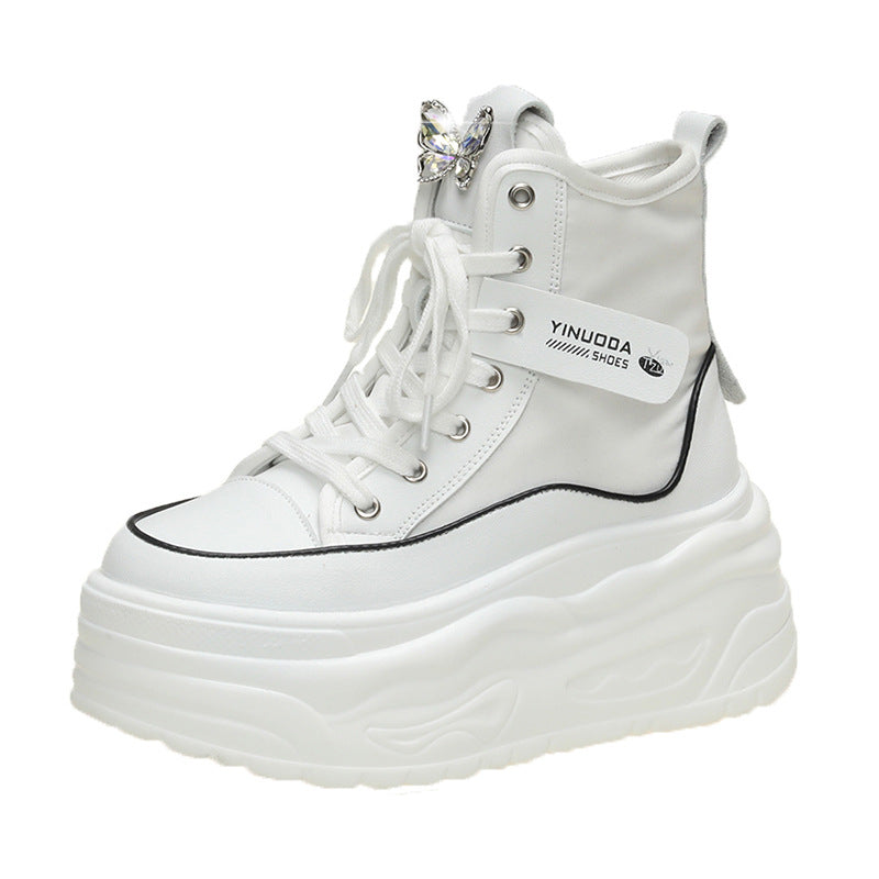 Ladies' platform sneakers with high shaft, lacing, and butterfly brooch Mune Fashion