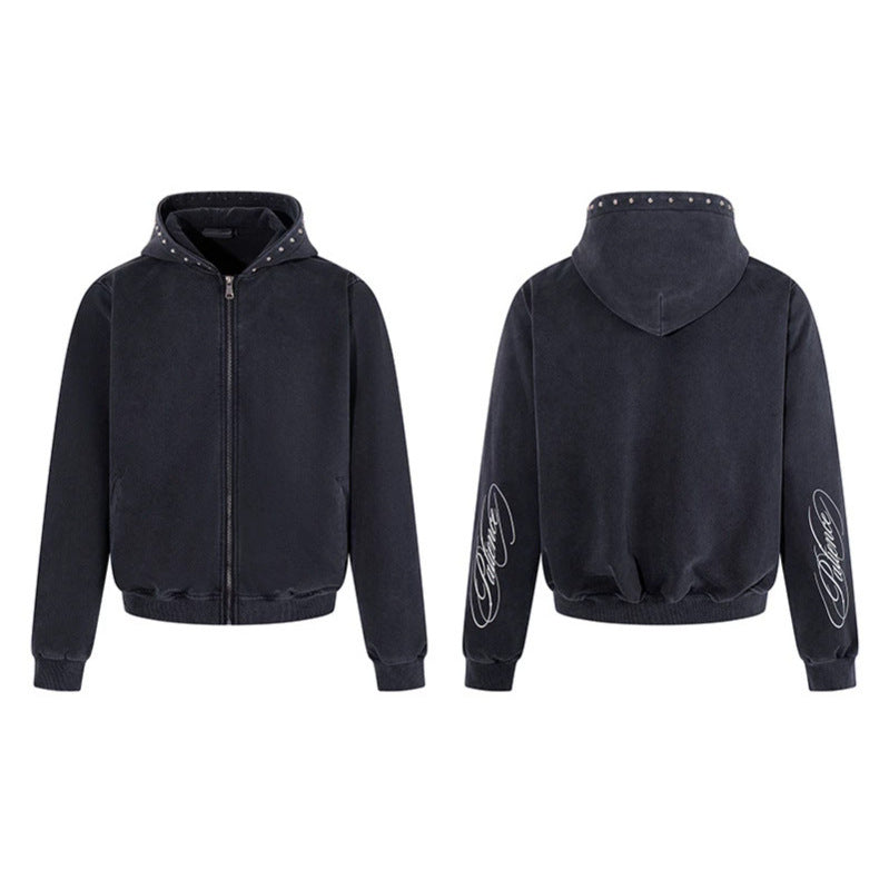 Men's Short Cut Zip Hooded Jacket made of Velour with Studded Hood Mune Fashion