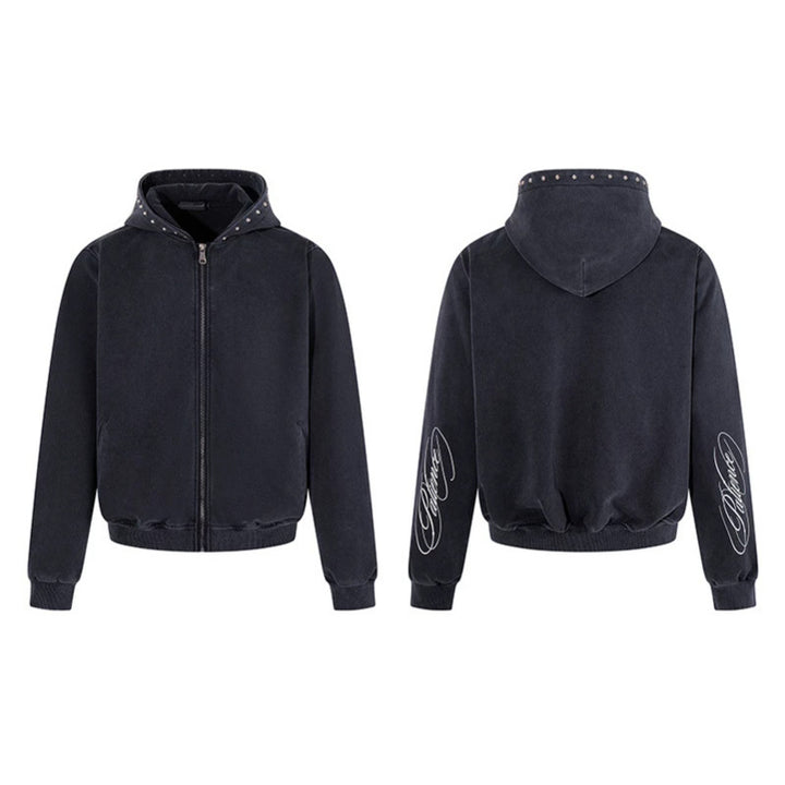 Men's Short Cut Zip Hooded Jacket made of Velour with Studded Hood Mune Fashion