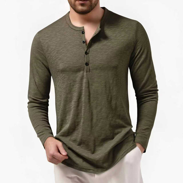 Men's Slim-Fit Henley Long Sleeve Shirt with Short Button Closure and Rounded Hem Mune Fashion