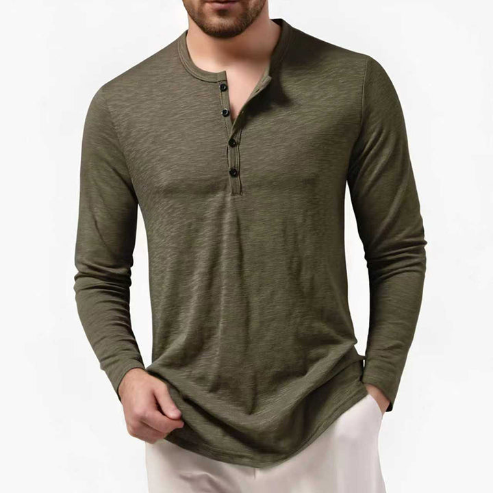 Men's Slim-Fit Henley Long Sleeve Shirt with Short Button Closure and Rounded Hem Mune Fashion