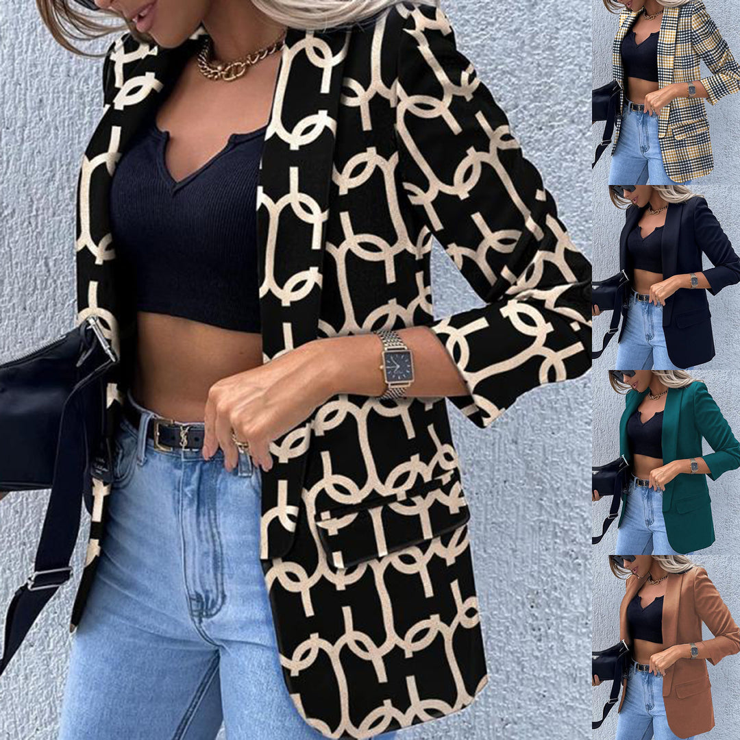 Women's patterned long blazer with chain pattern, tailored silhouette and flap pockets Mune Fashion