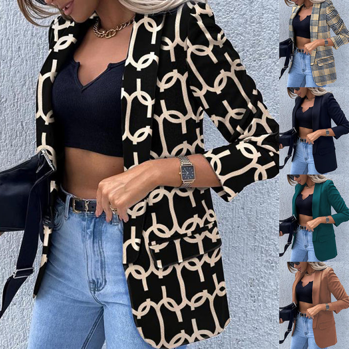 Women's patterned long blazer with chain pattern, tailored silhouette and flap pockets Mune Fashion