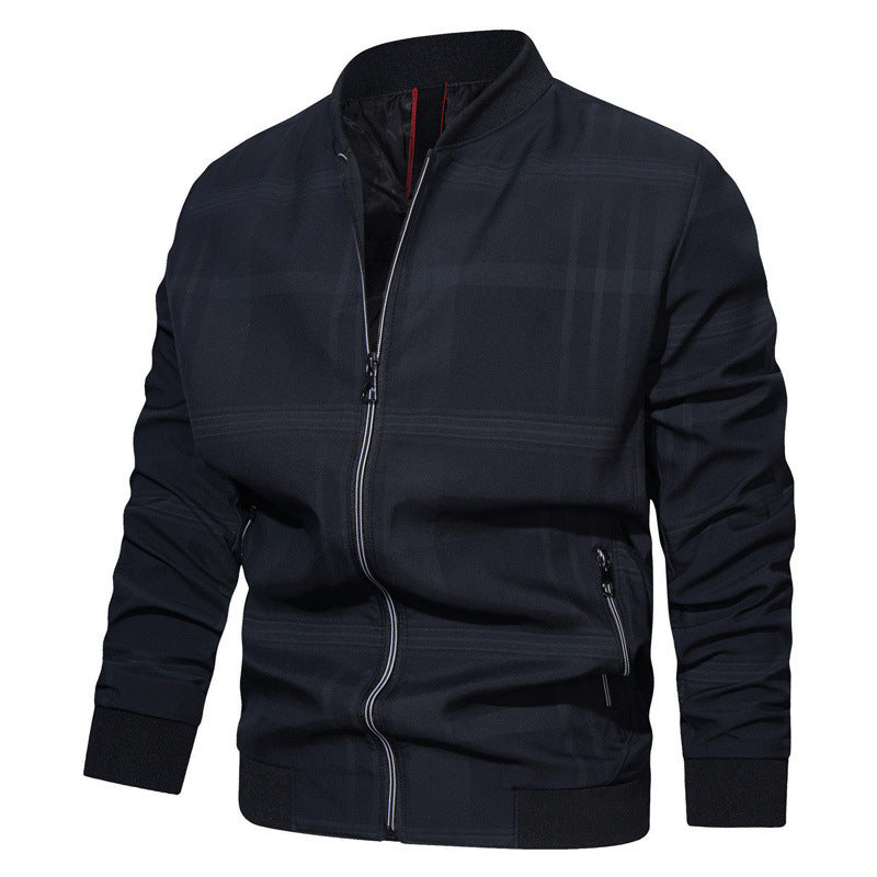 Men's lightweight bomber jacket in minimal check with stand collar, zipper, and elastic cuffs Mune Fashion