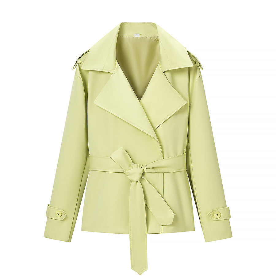 Women Tailored Short Trench Coat with Tie Belt and Epaulettes Mune Fashion