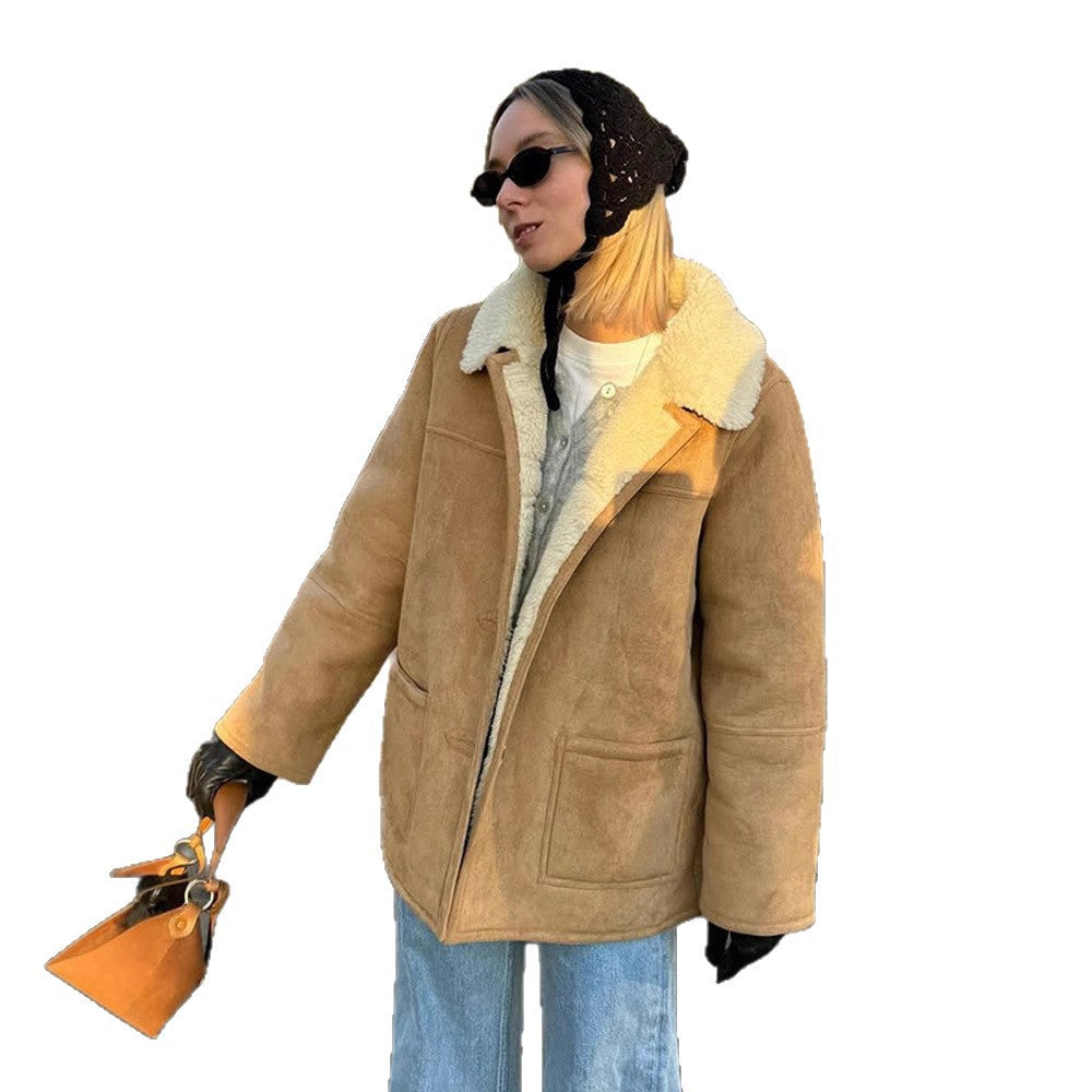 Women's Boxy Lambskin Look Coat with Folded Teddy Collar Mune Fashion