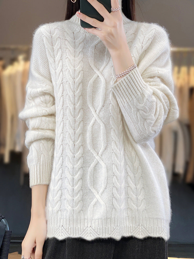 Women's Oversize Cable Knit Sweater with Mohair Look and Ribbed Cuffs Mune Fashion