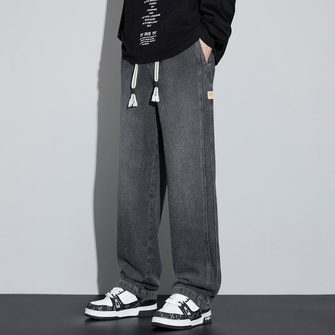 Men's Wide Denim Jogging Pants with Woven Drawstring and Herringbone Texture Mune Fashion