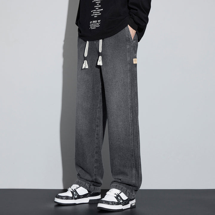 Men's Wide Denim Jogging Pants with Woven Drawstring and Herringbone Texture Mune Fashion