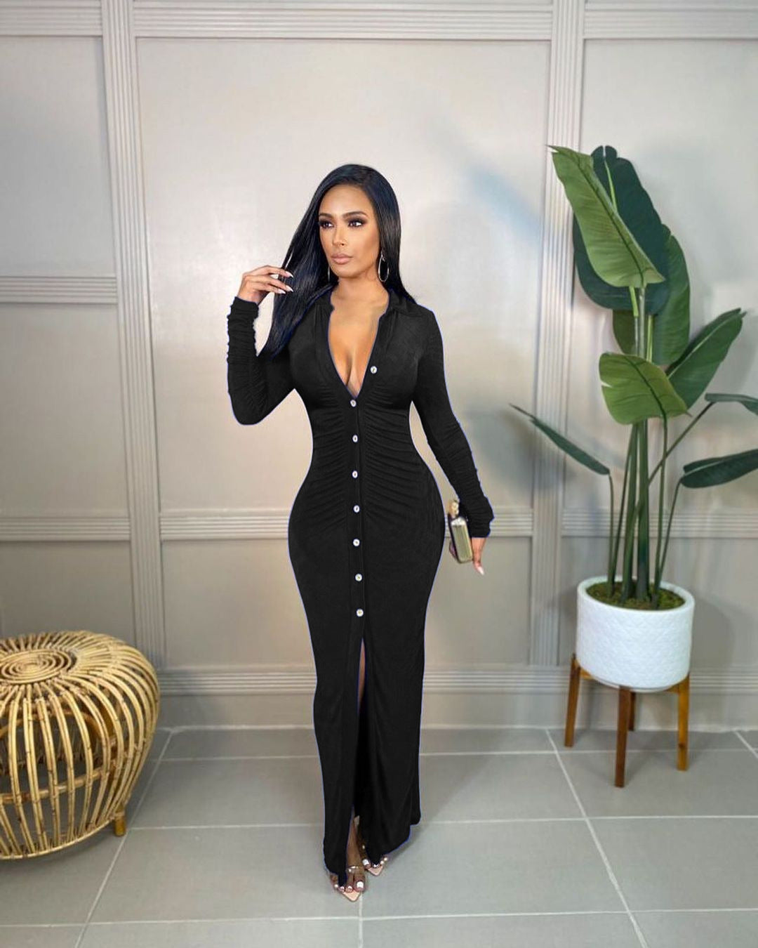 Women's Figure-Hugging Maxi Dress with Button Placket, Gathered Detail and Deep V-Neck