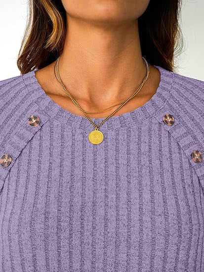 Women Ribbed Round Neck Sweater with Decorative Shoulder Buttons Mune Fashion