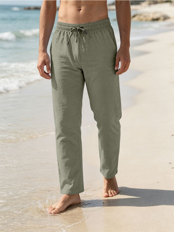 Men's Lightweight Linen-Cotton Pants with Drawstring, Elastic Waistband, and Straight Cut Mune Fashion