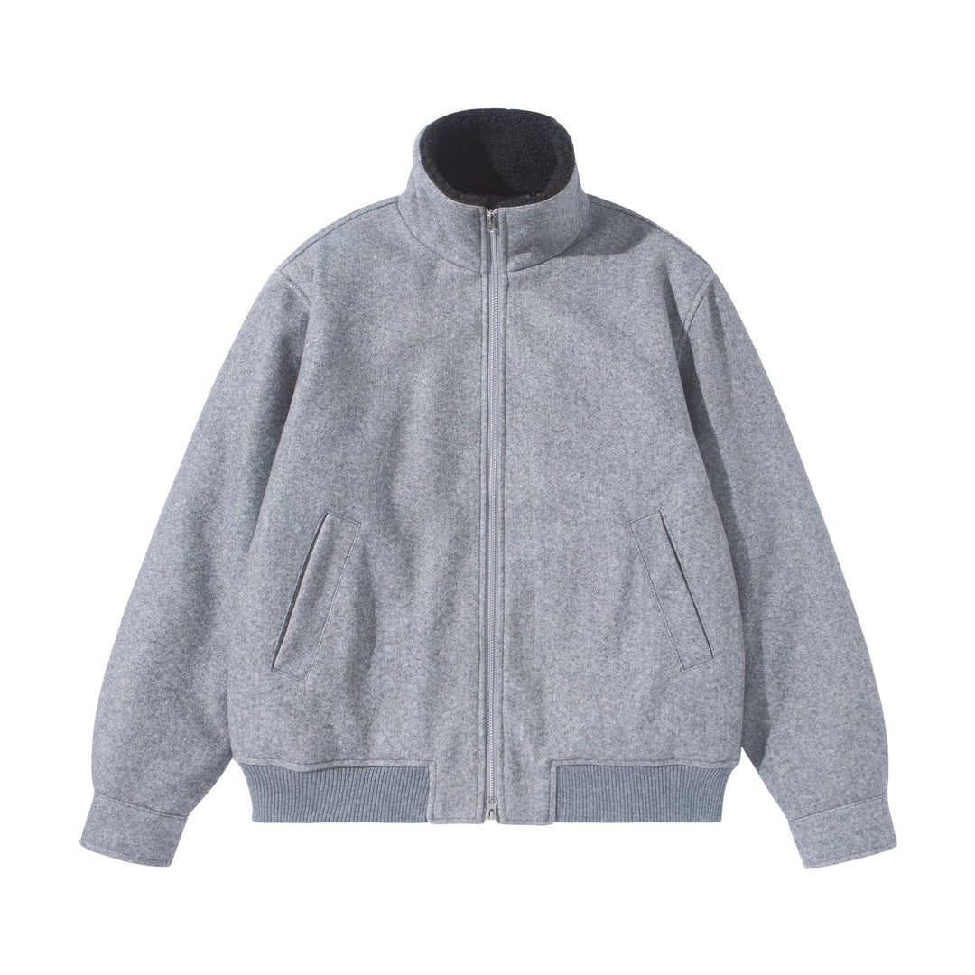 Unisex Boxy Wool Felt Bomber Jacket with High Stand-Up Collar, Fleece Lining and Ribbed Hem Mune Fashion