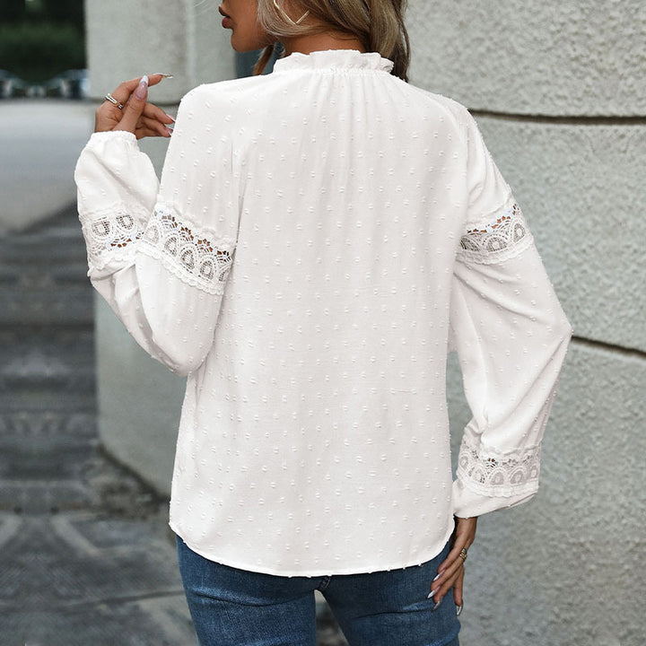Women's Romantic V Neck Blouse with Crinkle Texture, Lace Edges and Cord Ties Mune Fashion