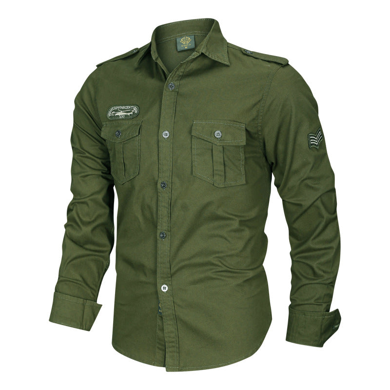 Men's tailored long-sleeve canvas shirt with patch chest flaps epaulets and decorative embroidery Mune Fashion