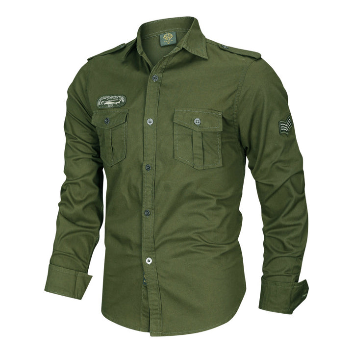 Men's tailored long-sleeve canvas shirt with patch chest flaps epaulets and decorative embroidery Mune Fashion