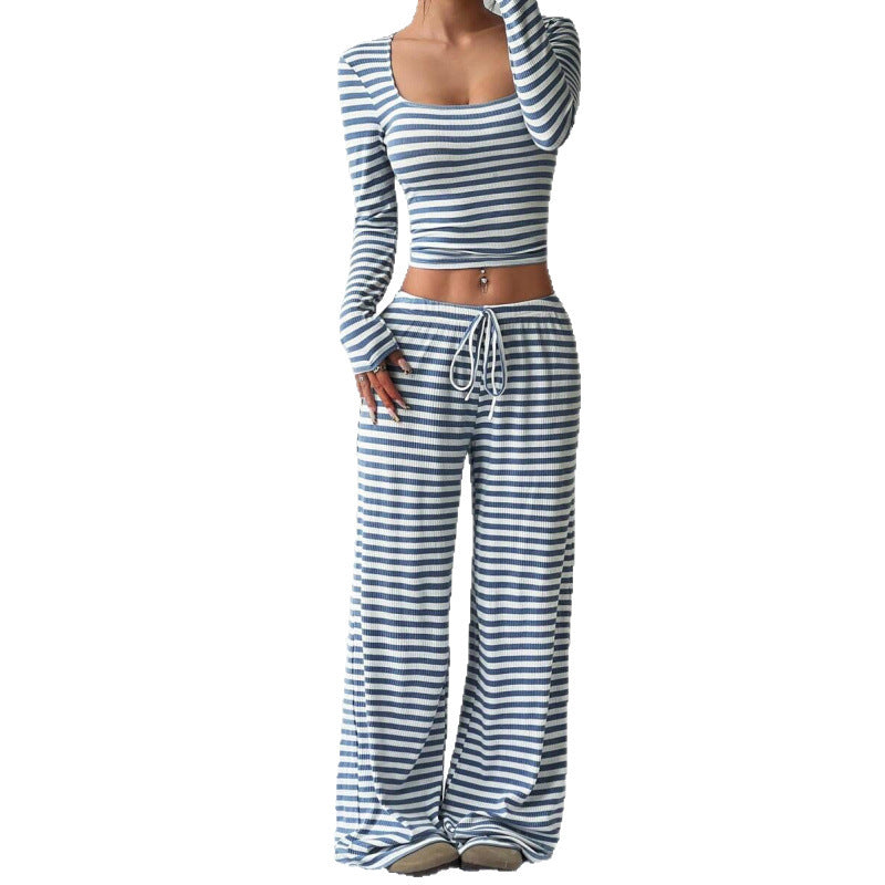 Women's Striped Lounge Two-Piece with Wide Leg and Cropped Long Sleeve Top Mune Fashion