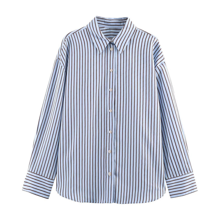 Women’s Oversize Striped Shirt Blouse with Kent Collar, Continuous Button Placket and Long Cuff Mune Fashion