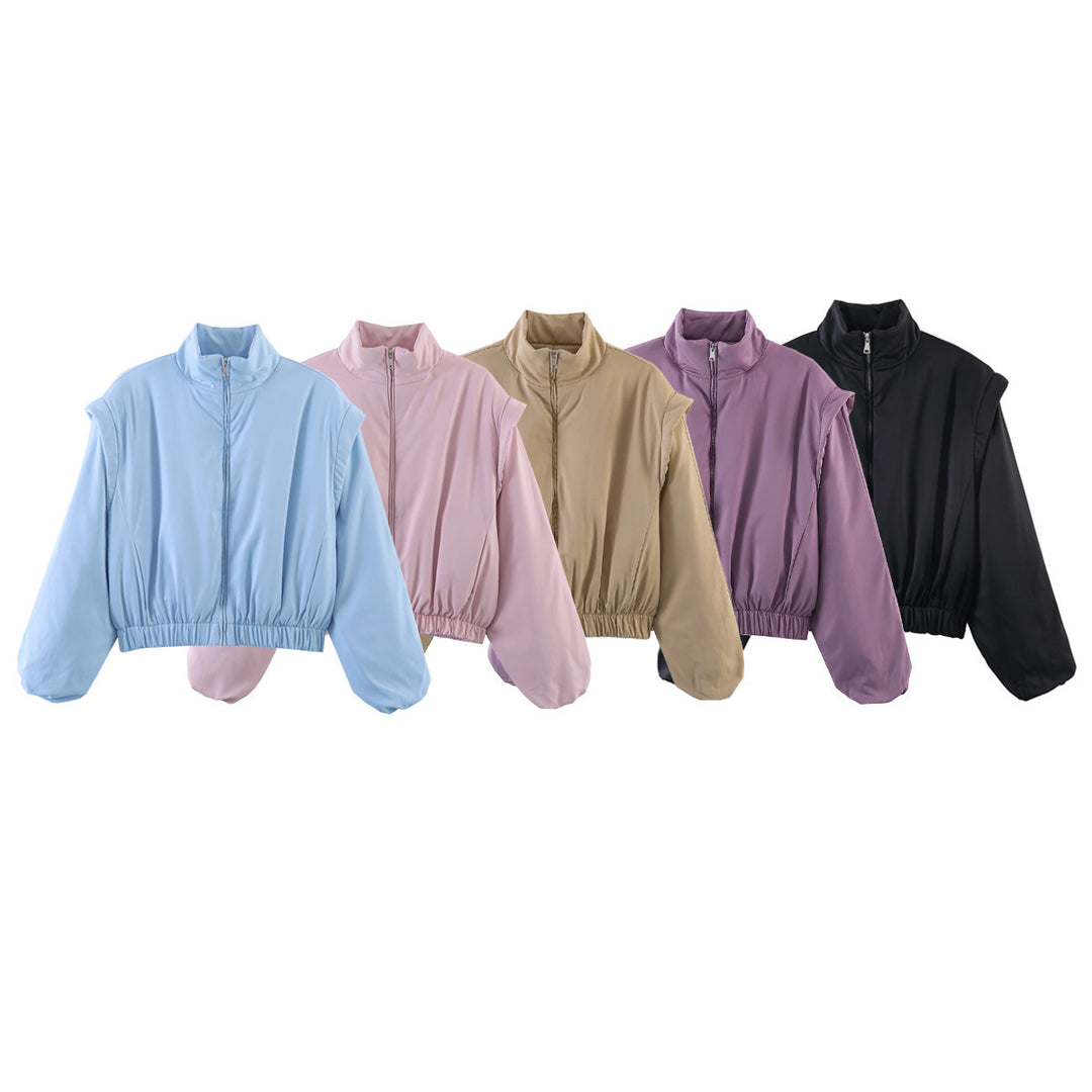 Women's Padded Cropped Bomber Jacket with Stand Collar and Elastic Hem Mune Fashion