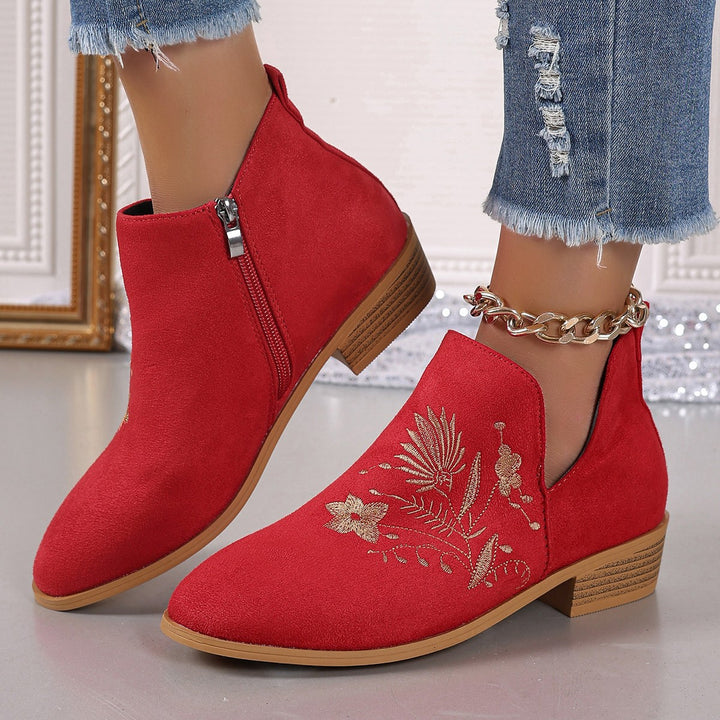 Women Embroidered Ankle Boots with V-Cut and Side Zipper Mune Fashion