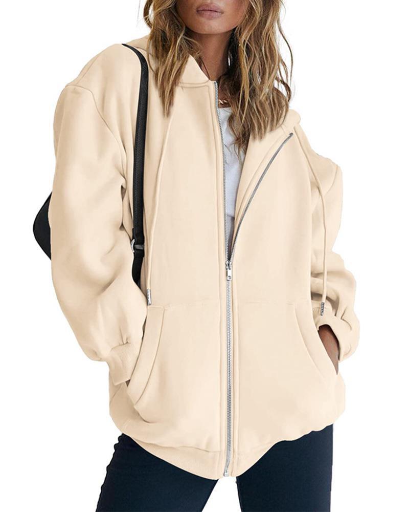 Women's Oversize Zip Hoodie with Hood Kangaroo Pockets and Soft French Terry Mune Fashion