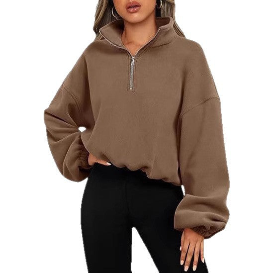 Women's cropped half-zip sweatshirt with high standing collar, balloon sleeves and elastic hem Mune Fashion
