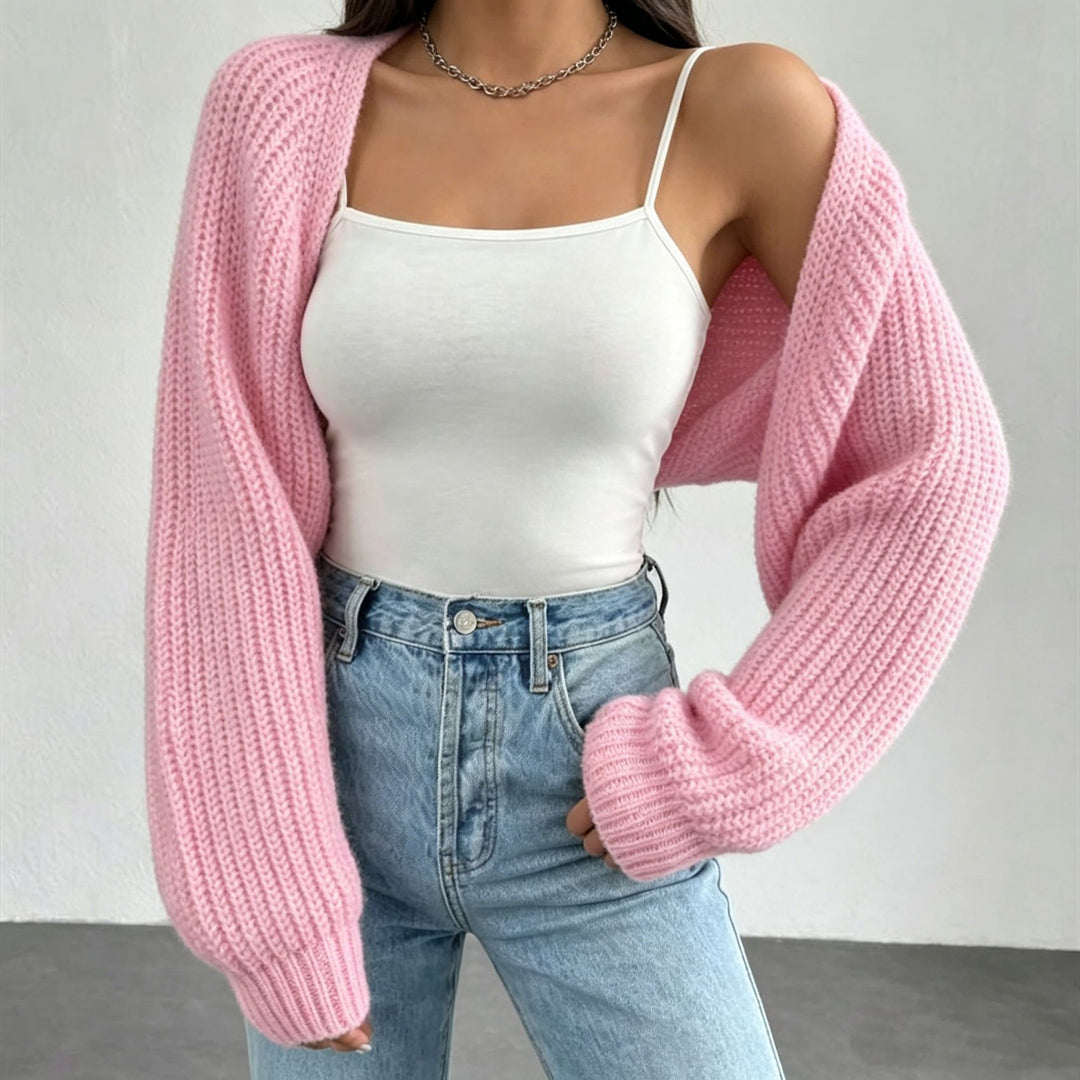 Women's short bolero made of coarse ribbed knit with oversized sleeves Mune Fashion