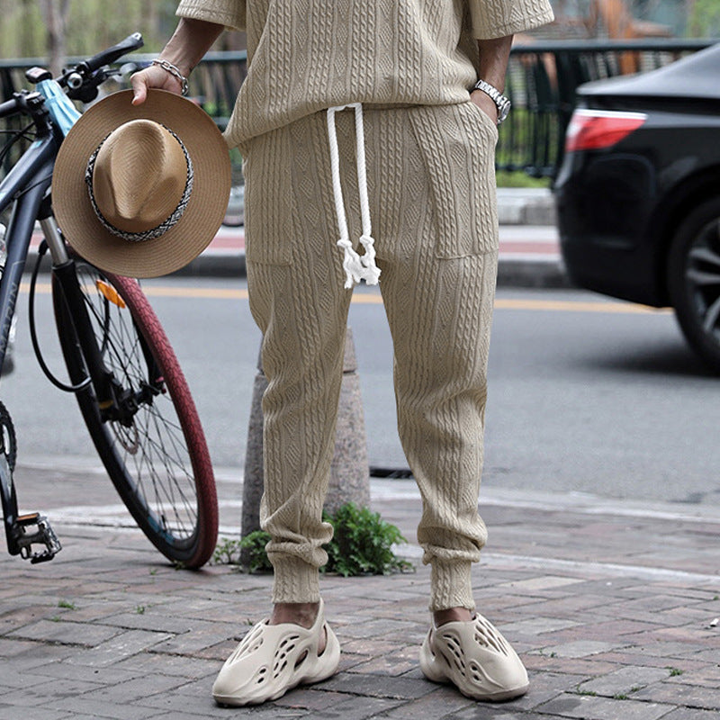Men's Structured Knit Jogging Pants with Drawstring, Decorative Cord & Elastic Ankle Cuffs Mune Fashion