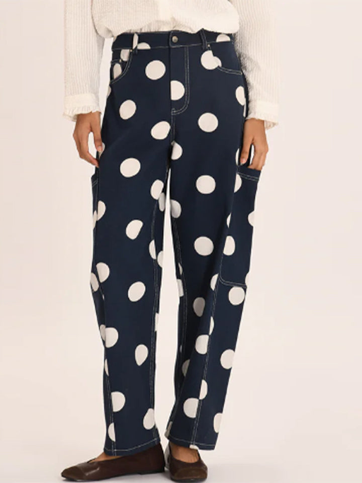 Women's wide cargo pants with high waist, polka dot print and visible contrast stitching Mune Fashion