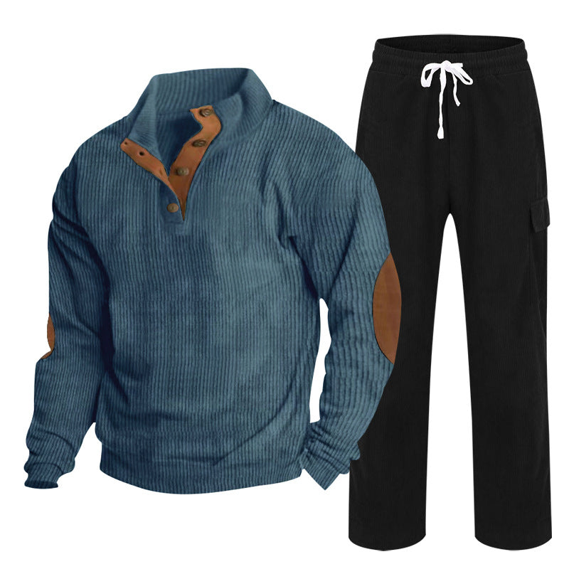 Men's Cozy Leisure Set made of Waffle Knit Henley with Elbow Patch and Relax Cargo Pants Mune Fashion