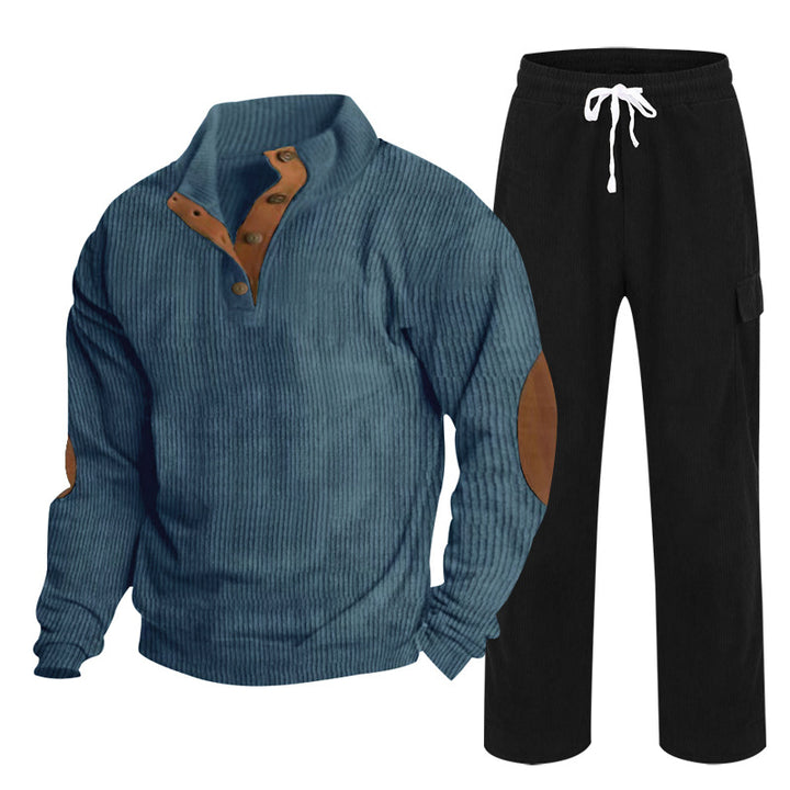Men's Cozy Leisure Set made of Waffle Knit Henley with Elbow Patch and Relax Cargo Pants Mune Fashion